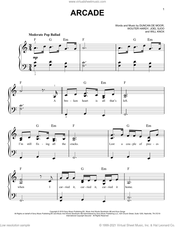 Arcade sheet music for piano solo by Duncan Laurence, Duncan De Moor, Joel Sjoo, Will Knox and Wouter Hardy, easy skill level