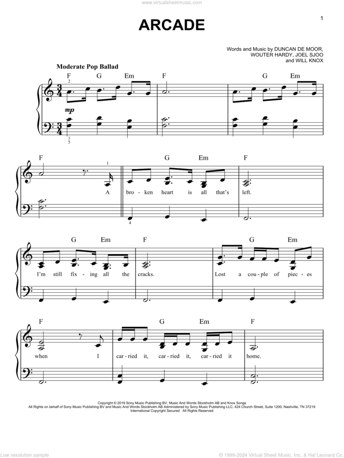 Arcade sheet music for piano solo by Duncan Laurence, Duncan De Moor, Joel Sjoo, Will Knox and Wouter Hardy, easy skill level