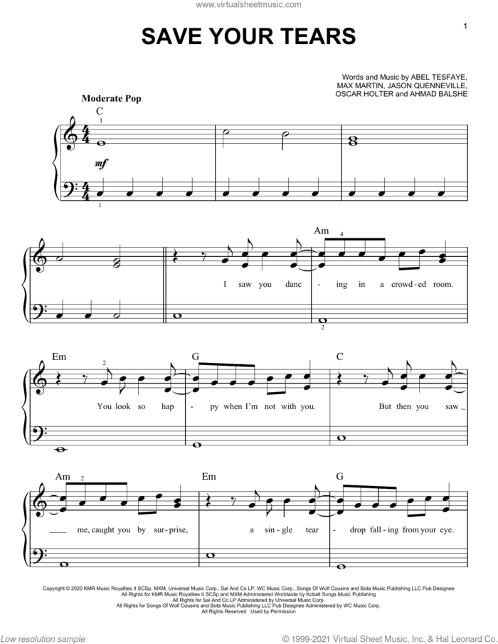 Save Your Tears, (easy) sheet music for piano solo by The Weeknd, Abel Tesfaye, Ahmad Balshe, Jason Quenneville, Max Martin and Oscar Holter, easy skill level
