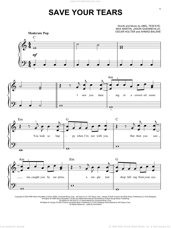 Save Your Tears, (easy) sheet music for piano solo by The Weeknd, Abel Tesfaye, Ahmad Balshe, Jason Quenneville, Max Martin and Oscar Holter, easy skill level