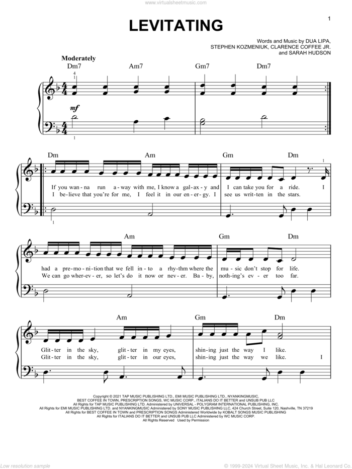 Levitating, (easy) sheet music for piano solo by Dua Lipa, Clarence Coffee Jr., Sarah Hudson and Stephen Kozmeniuk, easy skill level