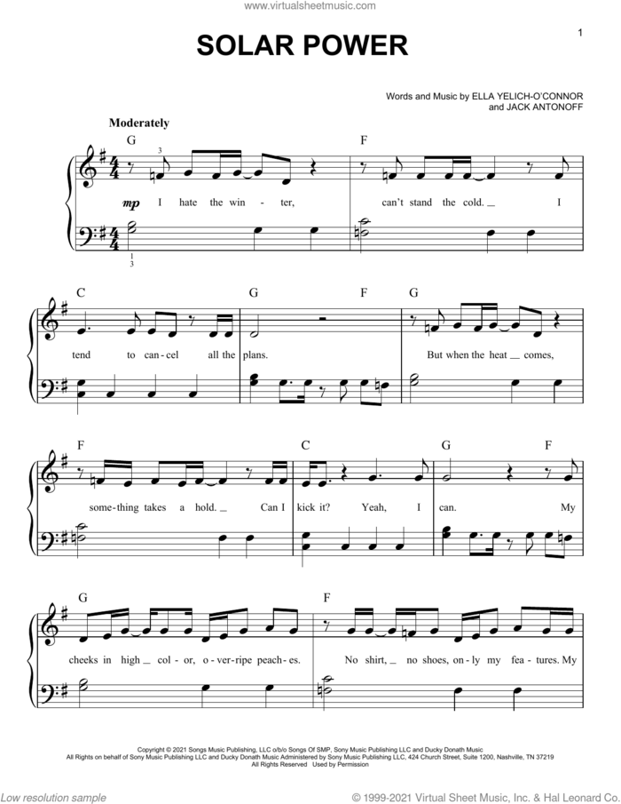Solar Power sheet music for piano solo by Lorde and Jack Antonoff, easy skill level