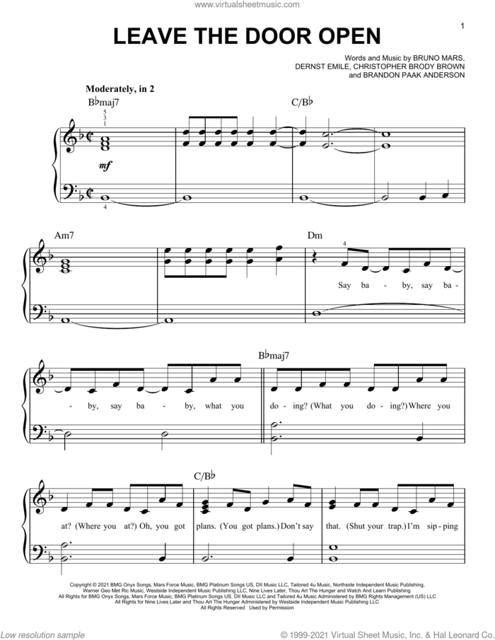 Leave The Door Open sheet music for piano solo by Silk Sonic, Brandon Paak Anderson, Bruno Mars, Christopher Brody Brown and Dernst Emile, easy skill level