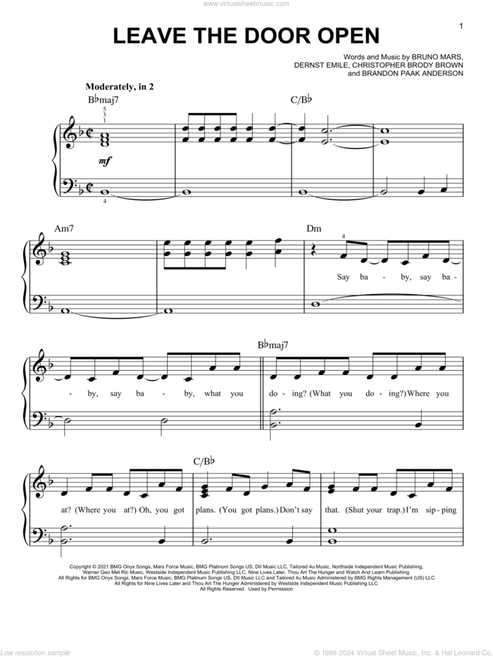 Leave The Door Open sheet music for piano solo by Silk Sonic, Brandon Paak Anderson, Bruno Mars, Christopher Brody Brown and Dernst Emile, easy skill level