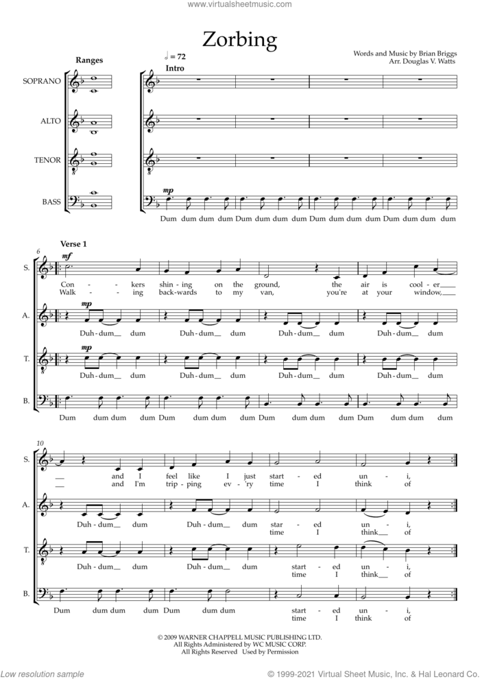 Zorbing (arr. Doug Watts) sheet music for choir (SATB: soprano, alto, tenor, bass) by Stornoway, Doug Watts and Brian Briggs, intermediate skill level