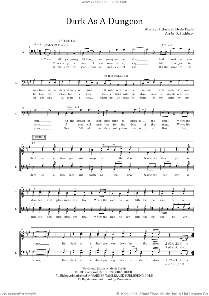 Dark As A Dungeon (arr. Dom Stichbury) sheet music for choir (TTBB: tenor, bass) by Merle Travis and Dom Stichbury, intermediate skill level