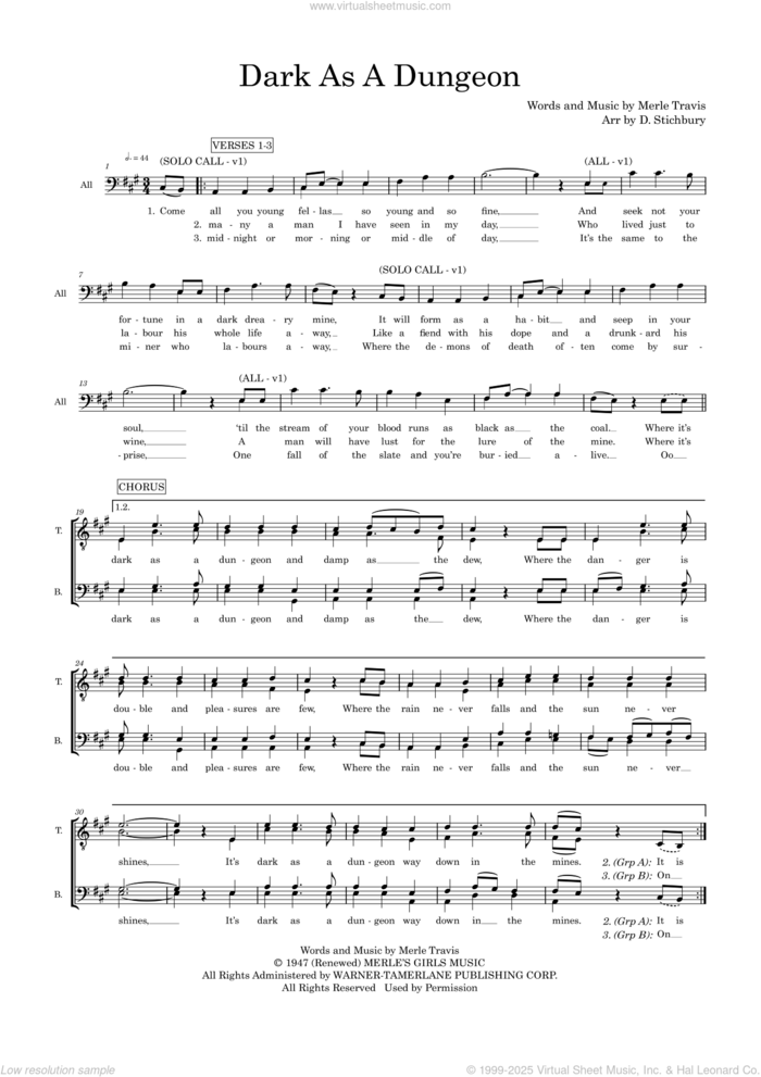 Dark As A Dungeon (arr. Dom Stichbury) sheet music for choir (TTBB: tenor, bass) by Merle Travis and Dom Stichbury, intermediate skill level