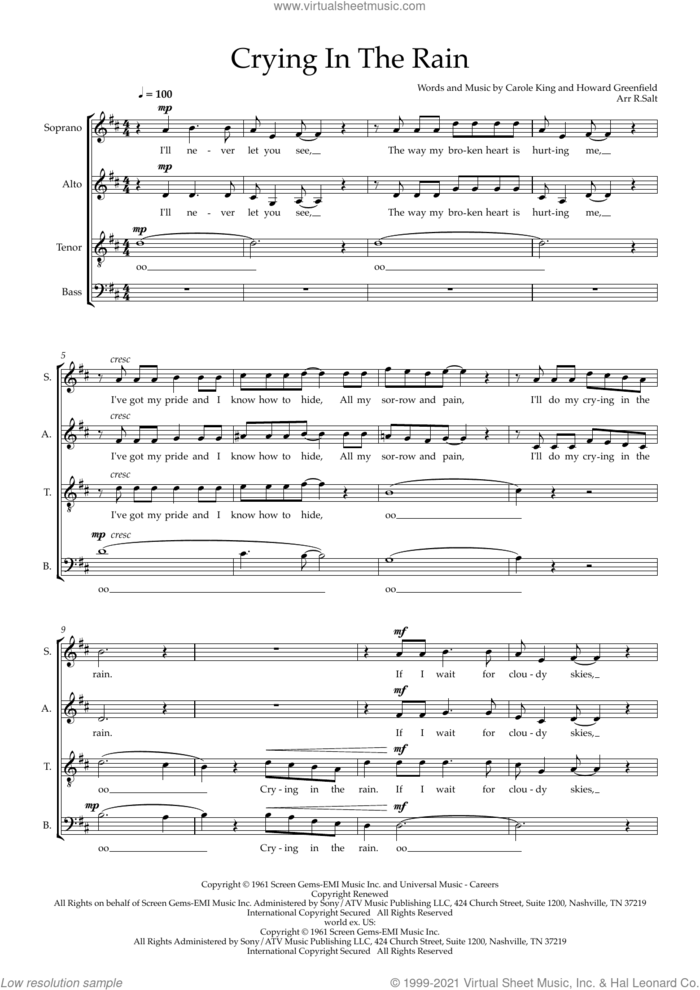 Crying In The Rain (arr. Richard Salt) sheet music for choir (SATB: soprano, alto, tenor, bass) by Everly Brothers, Richard Salt, Carole King and Howard Greenfield, intermediate skill level