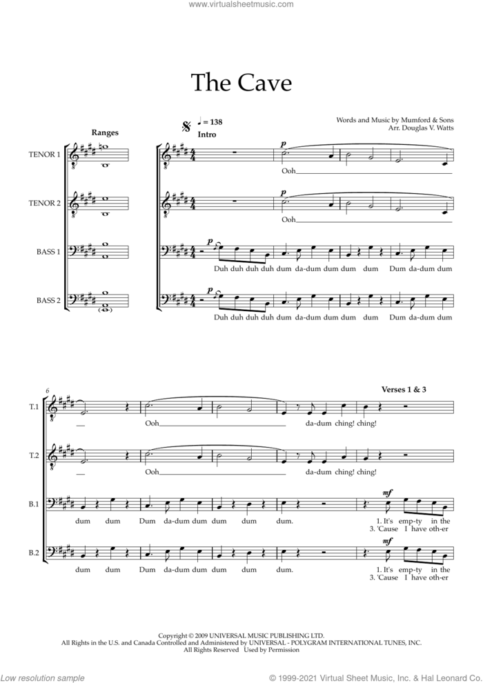 The Cave (arr. Doug Watts) sheet music for choir (TTBB: tenor, bass) by Mumford & Sons and Doug Watts, intermediate skill level