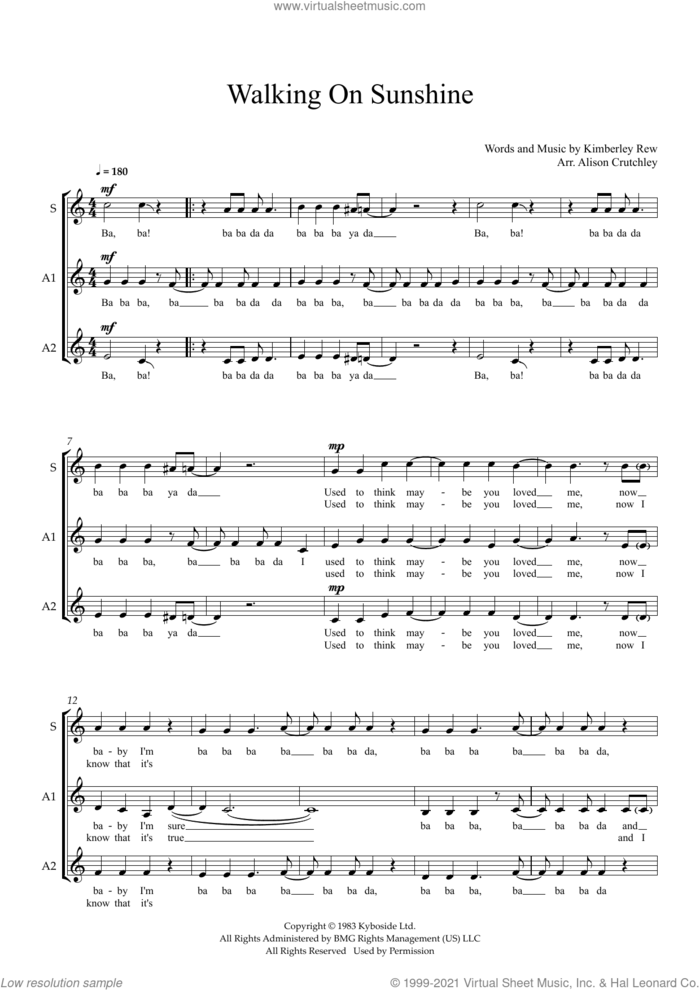 Walking on Sunshine (arr. Alison Crutchley) sheet music for choir (SAA) by Katrina And The Waves, Alison Crutchley and Kimberley Rew, intermediate skill level