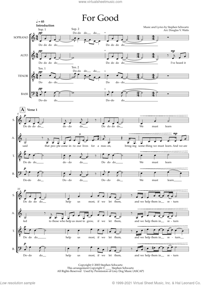 For Good (from Wicked) (arr. Doug Watts) sheet music for choir (SATB: soprano, alto, tenor, bass) by Stephen Schwartz and Doug Watts, intermediate skill level