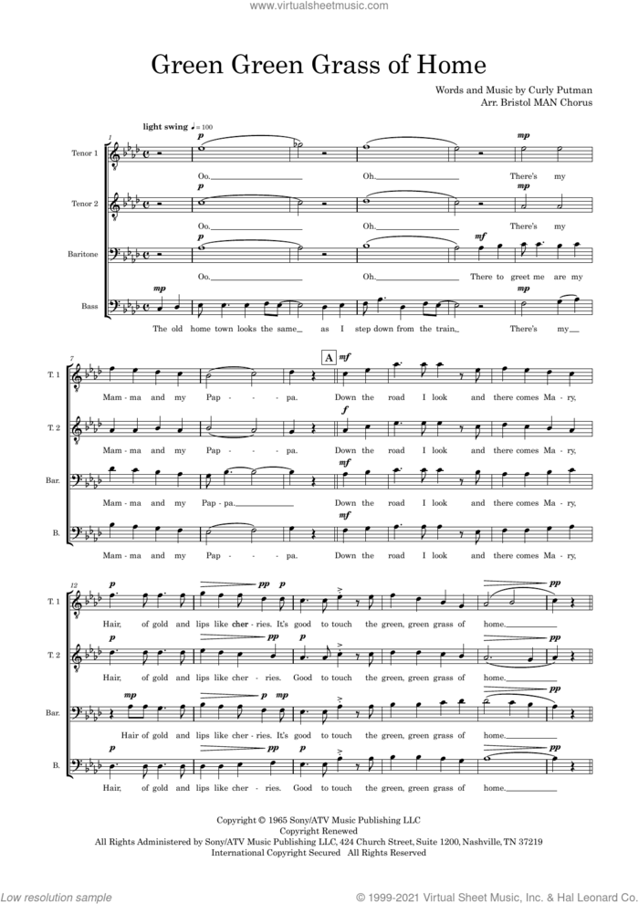 Green Green Grass of Home (arr. Sam Burns) sheet music for choir (TTBB: tenor, bass) by Tom Jones, Sam Burns and Curly Putman, intermediate skill level