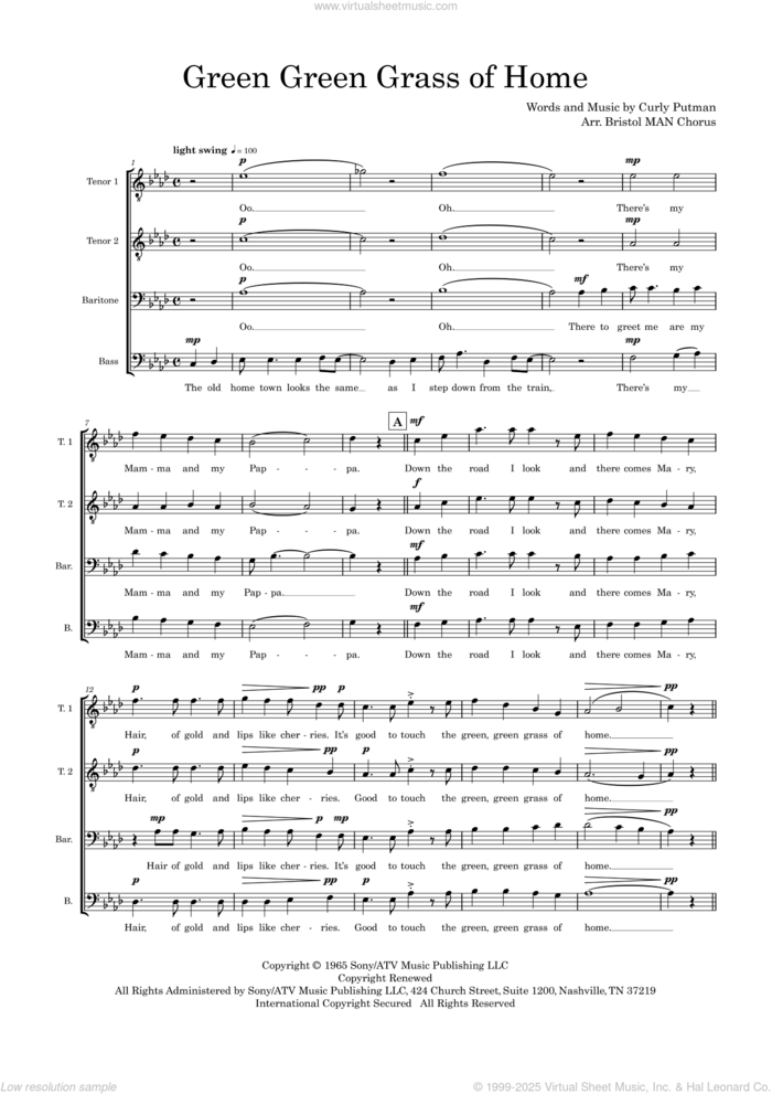 Green Green Grass of Home (arr. Sam Burns) sheet music for choir (TTBB: tenor, bass) by Tom Jones, Sam Burns and Curly Putman, intermediate skill level