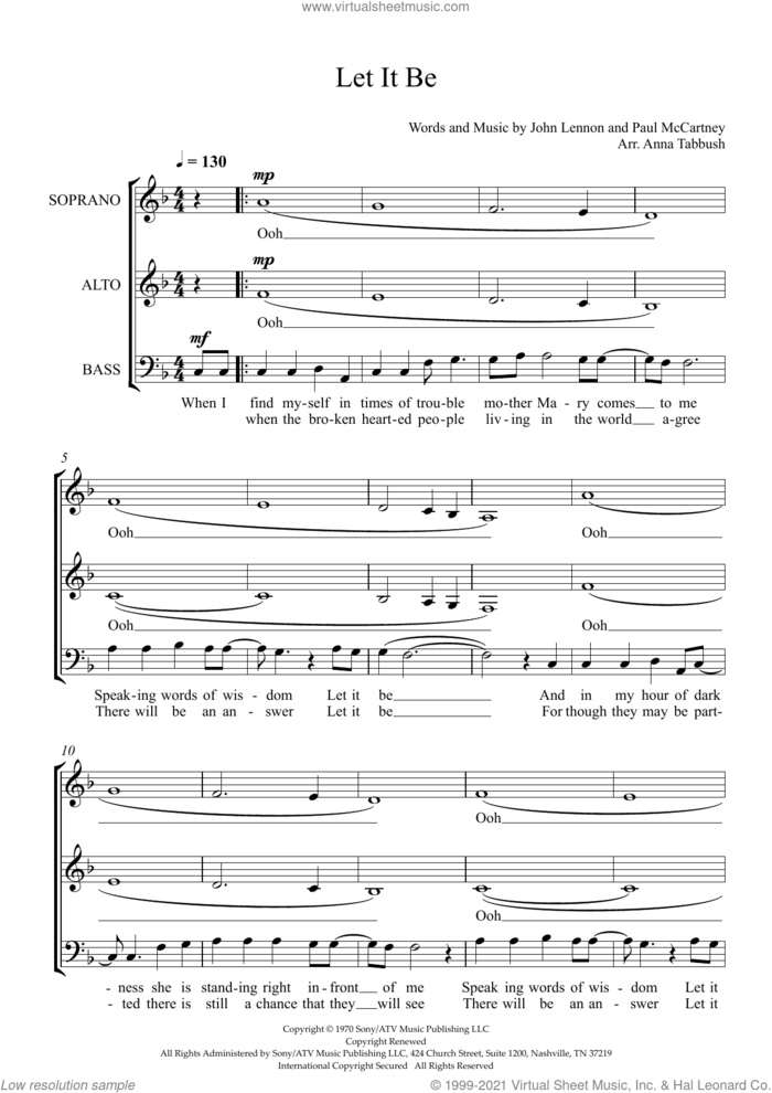 Let It Be (arr. Anna Tabbush) sheet music for choir (SAB: soprano, alto, bass) by The Beatles, Anna Tabbush, John Lennon and Paul McCartney, intermediate skill level