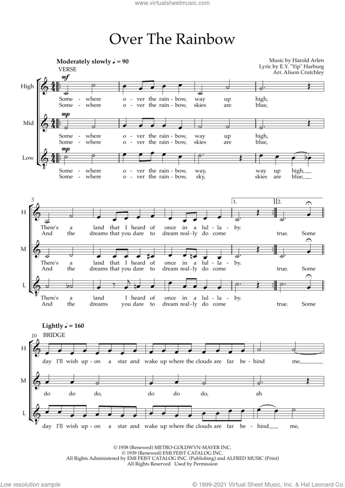 Over the Rainbow (arr. Alison Crutchley) sheet music for choir (SAA) by Judy Garland, Alison Crutchley, E.Y. Harburg and Harold Arlen, intermediate skill level