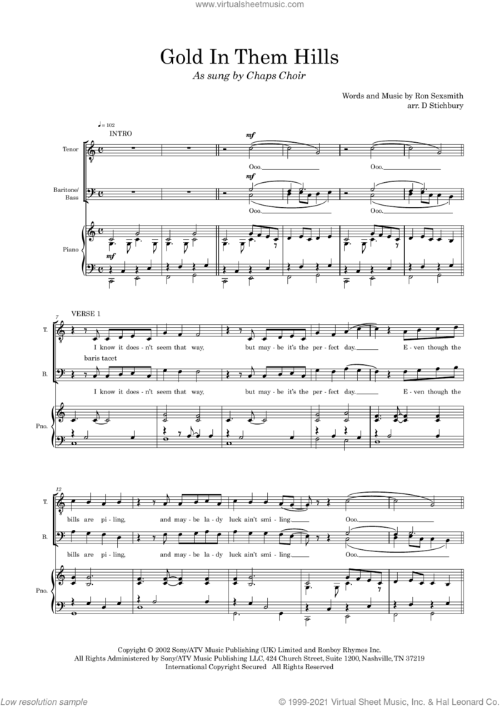 Gold In Them Hills (arr. Dom Stichbury) sheet music for choir (TTBB: tenor, bass) by Ron Sexsmith and Dom Stichbury, intermediate skill level