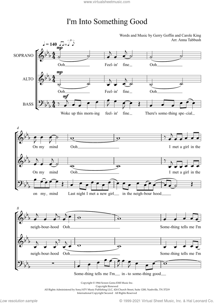 I'm Into Something Good (arr. Anna Tabbush) sheet music for choir (SAB: soprano, alto, bass) by Herman's Hermits, Anna Tabbush, Carole King and Gerry Goffin, intermediate skill level