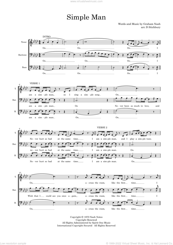 Simple Man (arr. Dom Stichbury) sheet music for choir (TBB: tenor, bass) by Graham Nash and Dom Stichbury, intermediate skill level