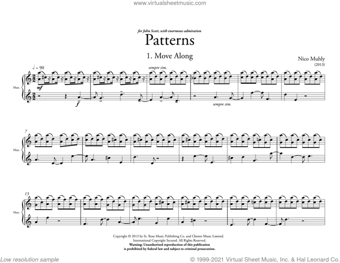 Patterns sheet music for organ by Nico Muhly, classical score, intermediate skill level