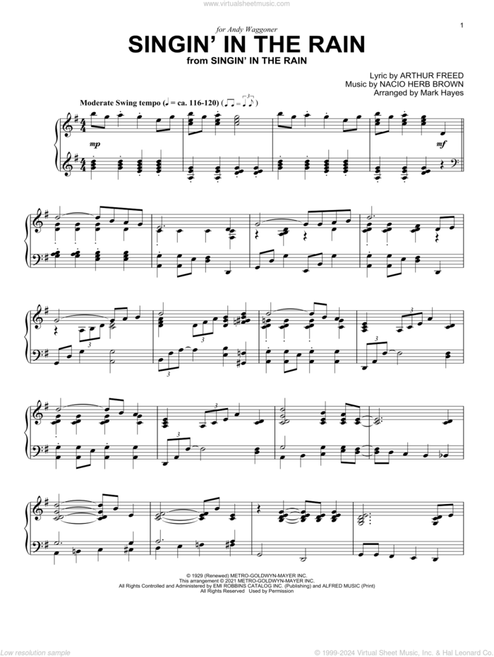 Singin' In The Rain (from Singin' In The Rain) (arr. Mark Hayes) sheet music for piano solo by Nacio Herb Brown, Mark Hayes and Arthur Freed, intermediate skill level