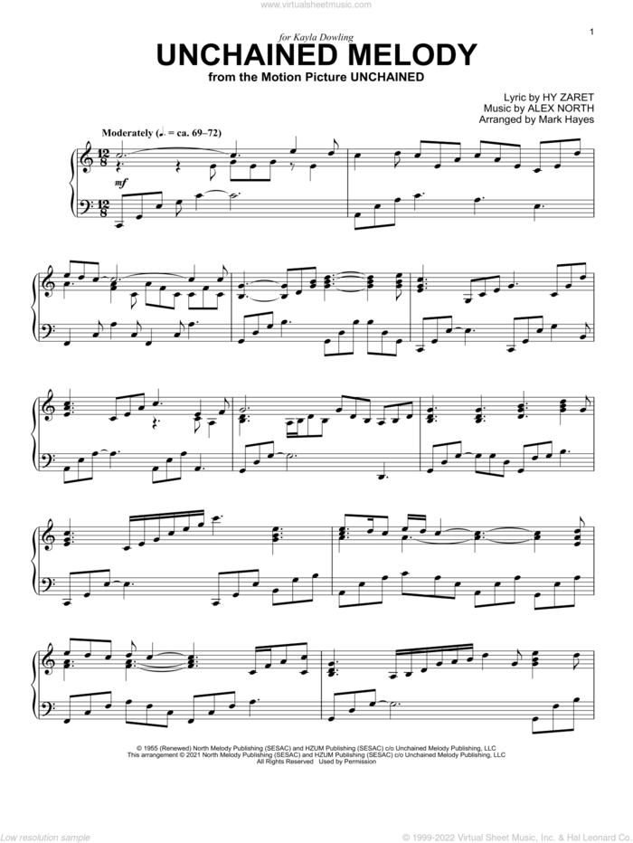 Unchained Melody (from Unchained) (arr. Mark Hayes) sheet music for piano solo by The Righteous Brothers, Mark Hayes, Alex North and Hy Zaret, wedding score, intermediate skill level
