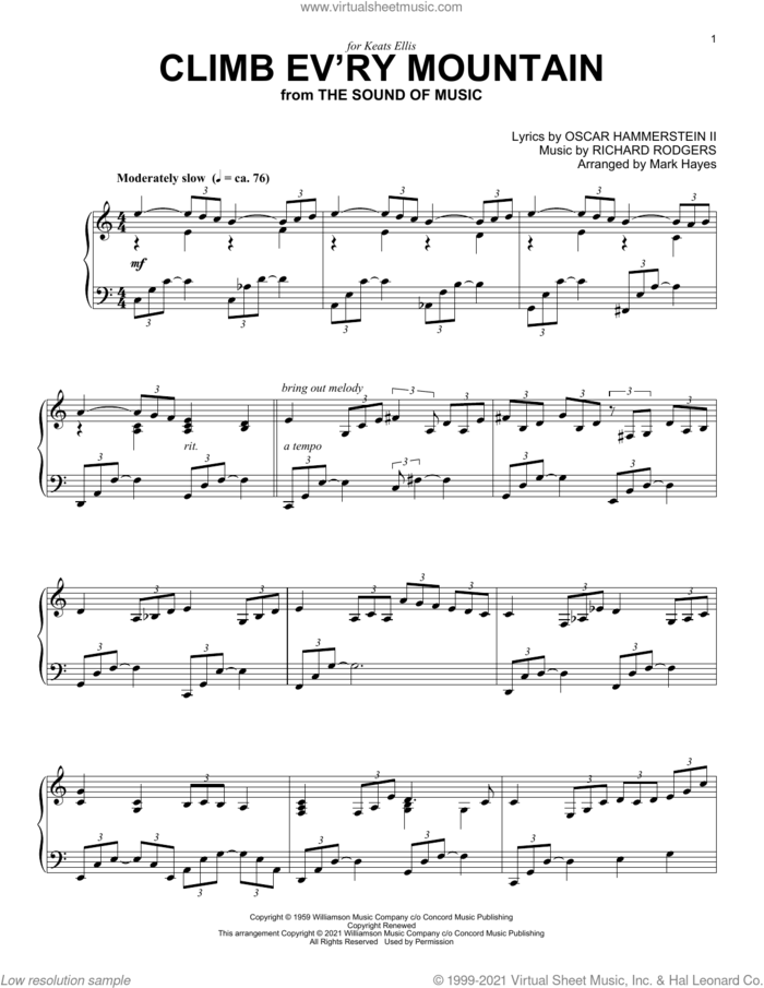 Climb Ev'ry Mountain (from The Sound Of Music) (arr. Mark Hayes) sheet music for piano solo by Rodgers & Hammerstein, Mark Hayes, Oscar II Hammerstein and Richard Rodgers, intermediate skill level