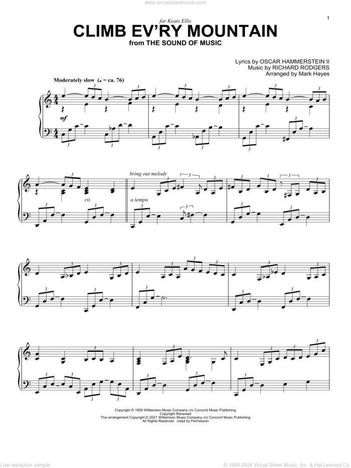 Climb Ev'ry Mountain (from The Sound Of Music) (arr. Mark Hayes) sheet music for piano solo by Rodgers & Hammerstein, Mark Hayes, Oscar II Hammerstein and Richard Rodgers, intermediate skill level