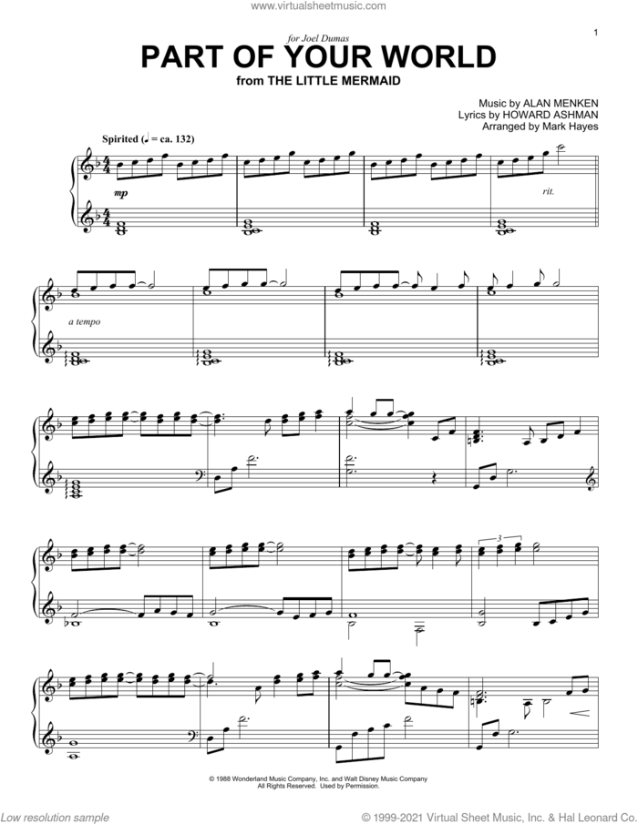 Part Of Your World (from The Little Mermaid) (arr. Mark Hayes) sheet music for piano solo by Alan Menken & Howard Ashman, Mark Hayes, Alan Menken and Howard Ashman, intermediate skill level