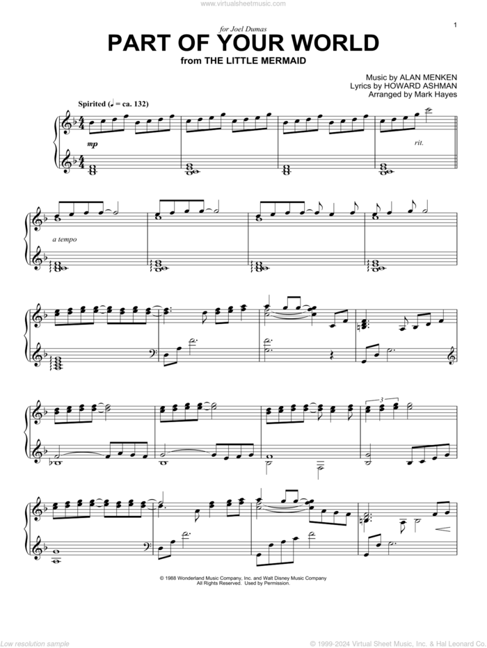 Part Of Your World (from The Little Mermaid) (arr. Mark Hayes) sheet music for piano solo by Alan Menken & Howard Ashman, Mark Hayes, Alan Menken and Howard Ashman, intermediate skill level