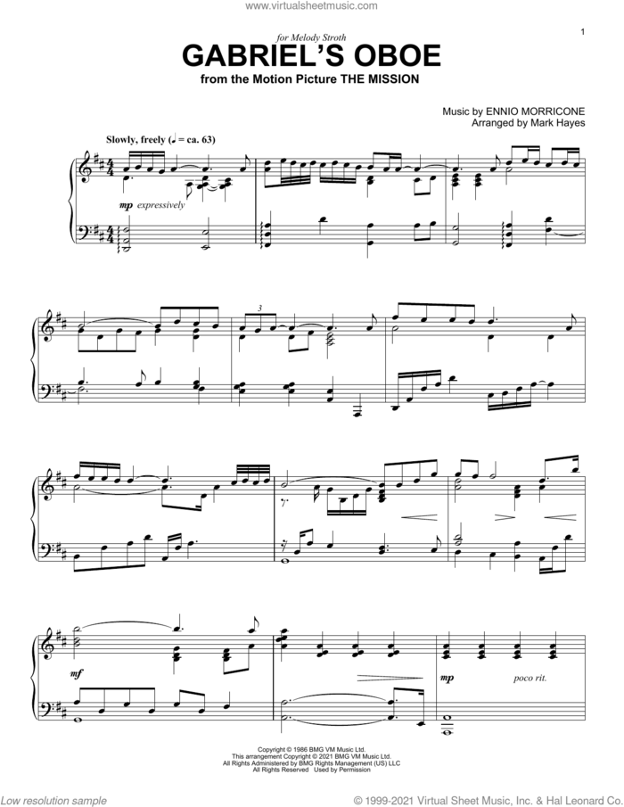 Gabriel's Oboe (from The Mission) (arr. Mark Hayes) sheet music for piano solo by Ennio Morricone and Mark Hayes, intermediate skill level