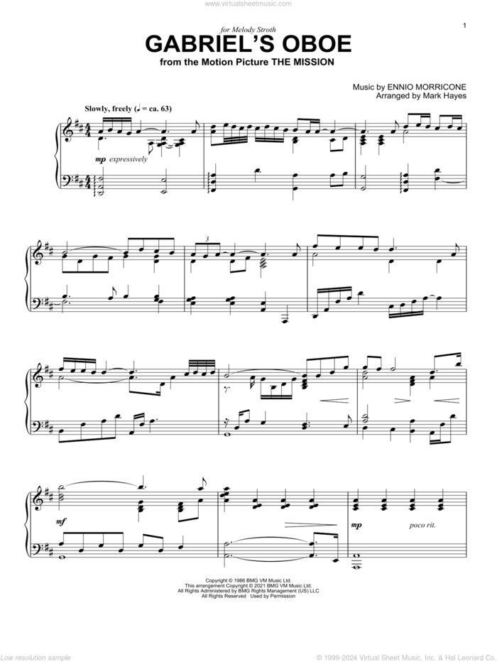 Gabriel's Oboe (from The Mission) (arr. Mark Hayes) sheet music for piano solo by Ennio Morricone and Mark Hayes, intermediate skill level