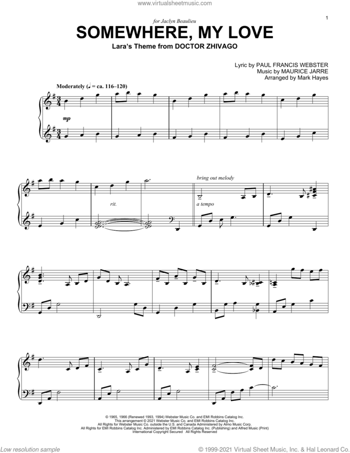 Somewhere, My Love (Lara's Theme from Doctor Zhivago) (arr. Mark Hayes) sheet music for piano solo by Paul Francis Webster, Mark Hayes and Maurice Jarre, intermediate skill level