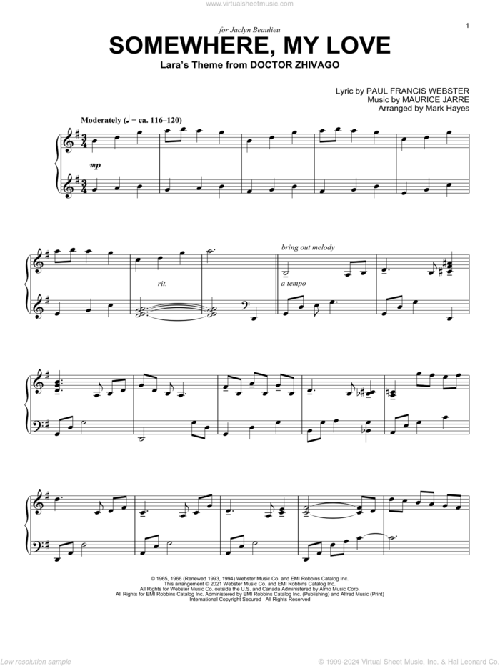 Somewhere, My Love (Lara's Theme from Doctor Zhivago) (arr. Mark Hayes) sheet music for piano solo by Paul Francis Webster, Mark Hayes and Maurice Jarre, intermediate skill level