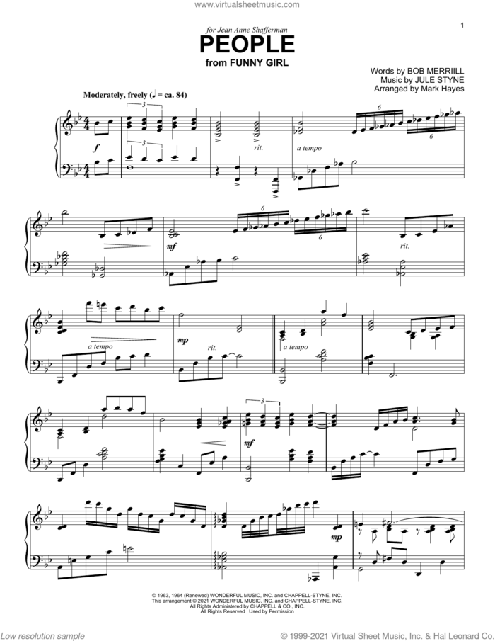 People (from Funny Girl) (arr. Mark Hayes) sheet music for piano solo by Barbra Streisand, Mark Hayes, Bob Merrill and Jule Styne, intermediate skill level