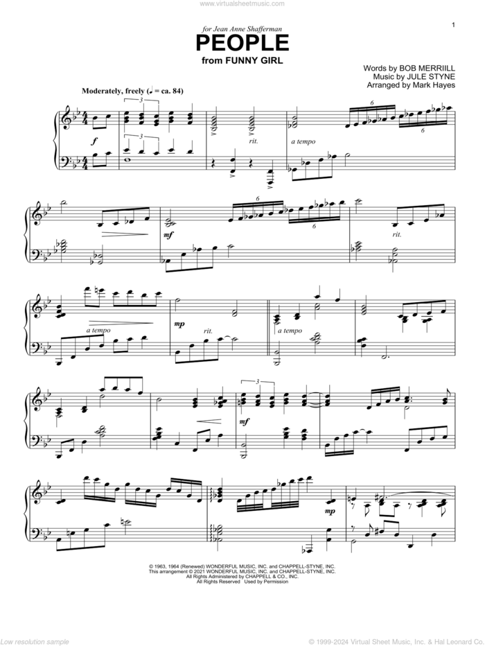 People (from Funny Girl) (arr. Mark Hayes) sheet music for piano solo by Barbra Streisand, Mark Hayes, Bob Merrill and Jule Styne, intermediate skill level