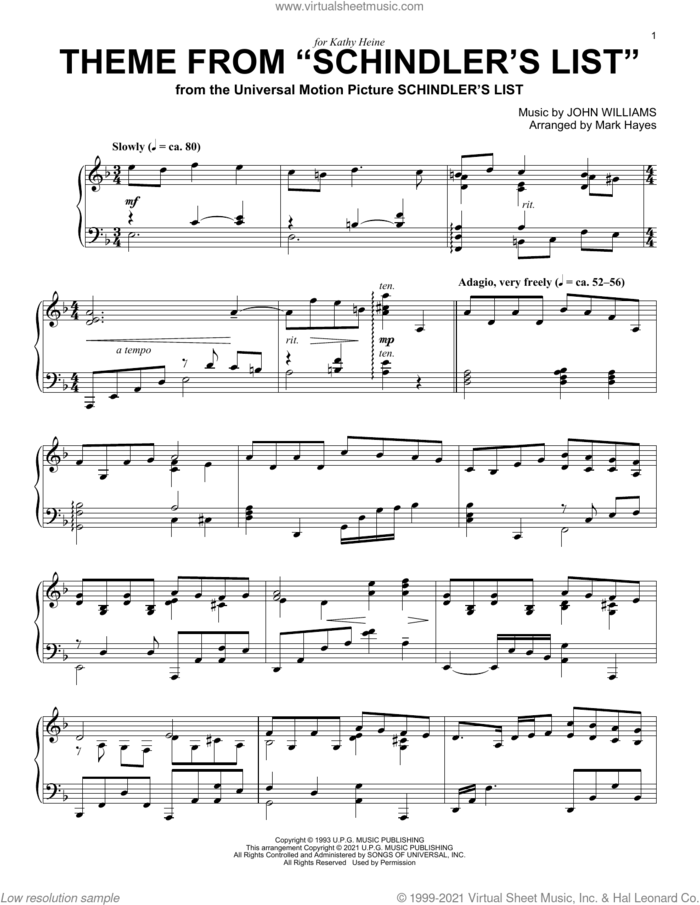 Theme From 'Schindler's List' (arr. Mark Hayes) sheet music for piano solo by John Williams and Mark Hayes, intermediate skill level