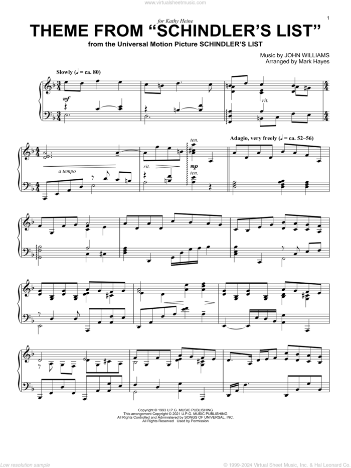 Theme From 'Schindler's List' (arr. Mark Hayes) sheet music for piano solo by John Williams and Mark Hayes, intermediate skill level