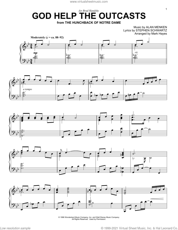 God Help The Outcasts (from The Hunchback Of Notre Dame) (arr. Mark Hayes) sheet music for piano solo by Bette Midler, Mark Hayes, Alan Menken and Stephen Schwartz, intermediate skill level