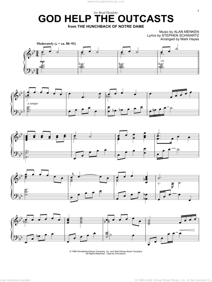 God Help The Outcasts (from The Hunchback Of Notre Dame) (arr. Mark Hayes) sheet music for piano solo by Bette Midler, Mark Hayes, Alan Menken and Stephen Schwartz, intermediate skill level