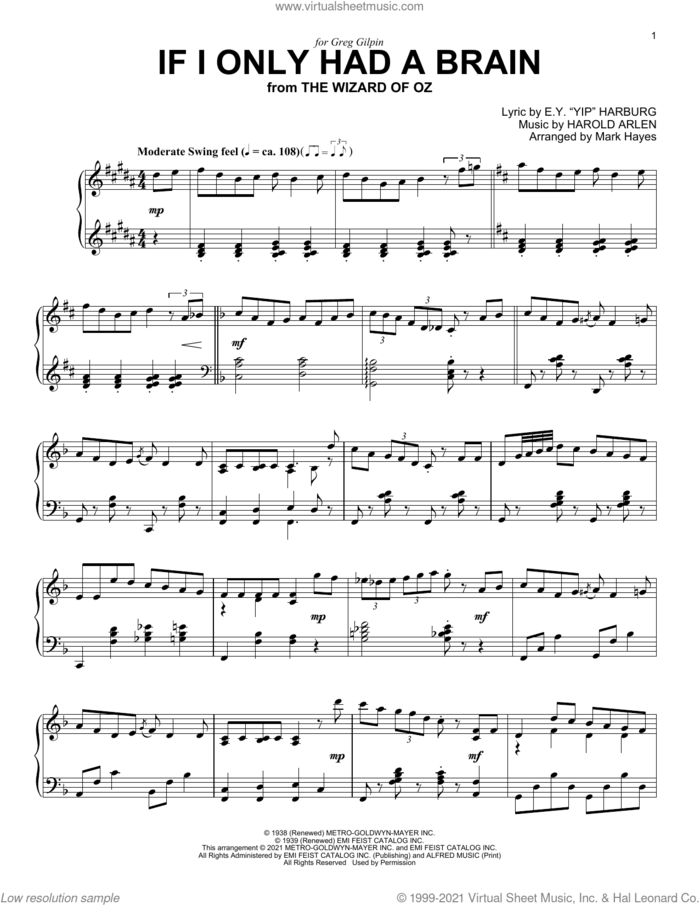 If I Only Had A Brain (from The Wizard Of Oz) (arr. Mark Hayes) sheet music for piano solo by E.Y. 'Yip' Harburg & Harold Arlen, Mark Hayes, E.Y. Harburg and Harold Arlen, intermediate skill level