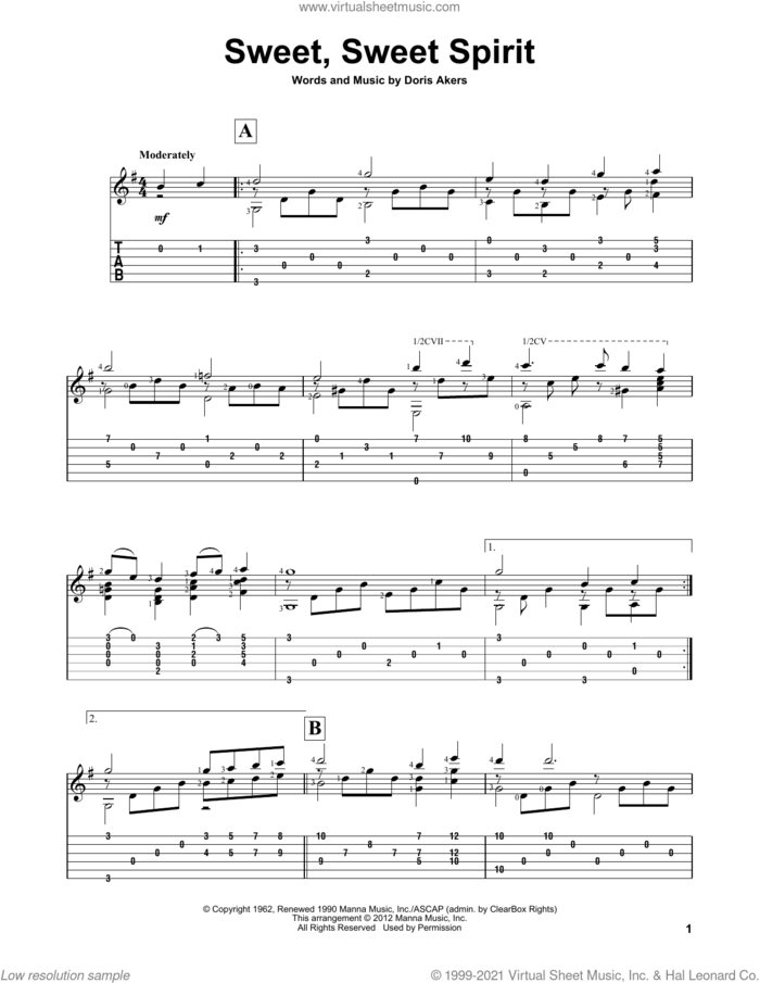 Sweet, Sweet Spirit sheet music for guitar solo by Doris Akers, intermediate skill level