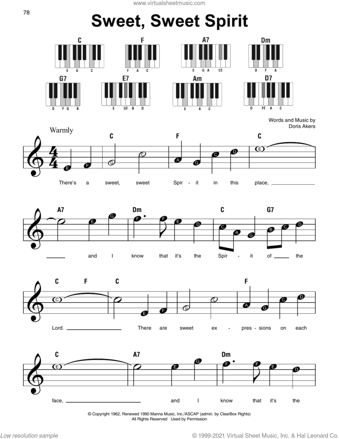 Sweet, Sweet Spirit sheet music for piano solo by Doris Akers, beginner skill level