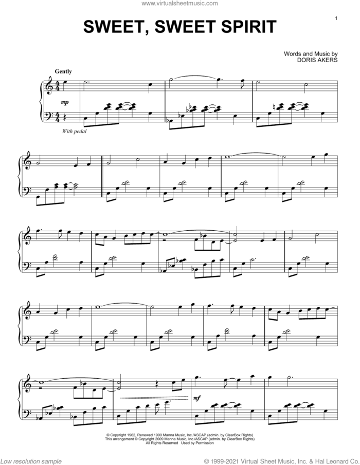 Sweet, Sweet Spirit, (intermediate) sheet music for piano solo by Doris Akers, intermediate skill level