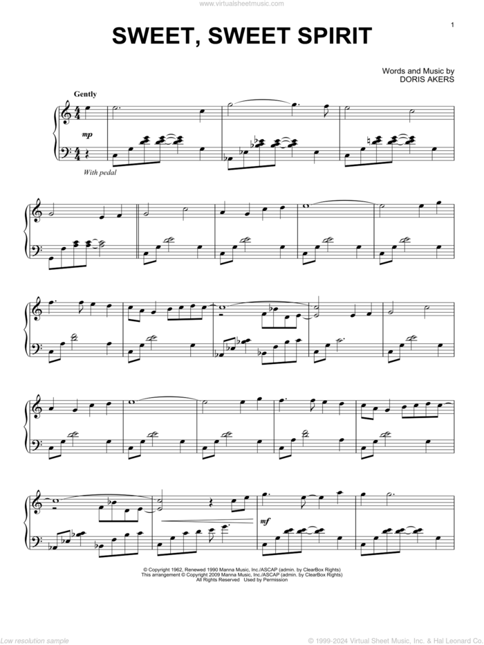 Sweet, Sweet Spirit, (intermediate) sheet music for piano solo by Doris Akers, intermediate skill level