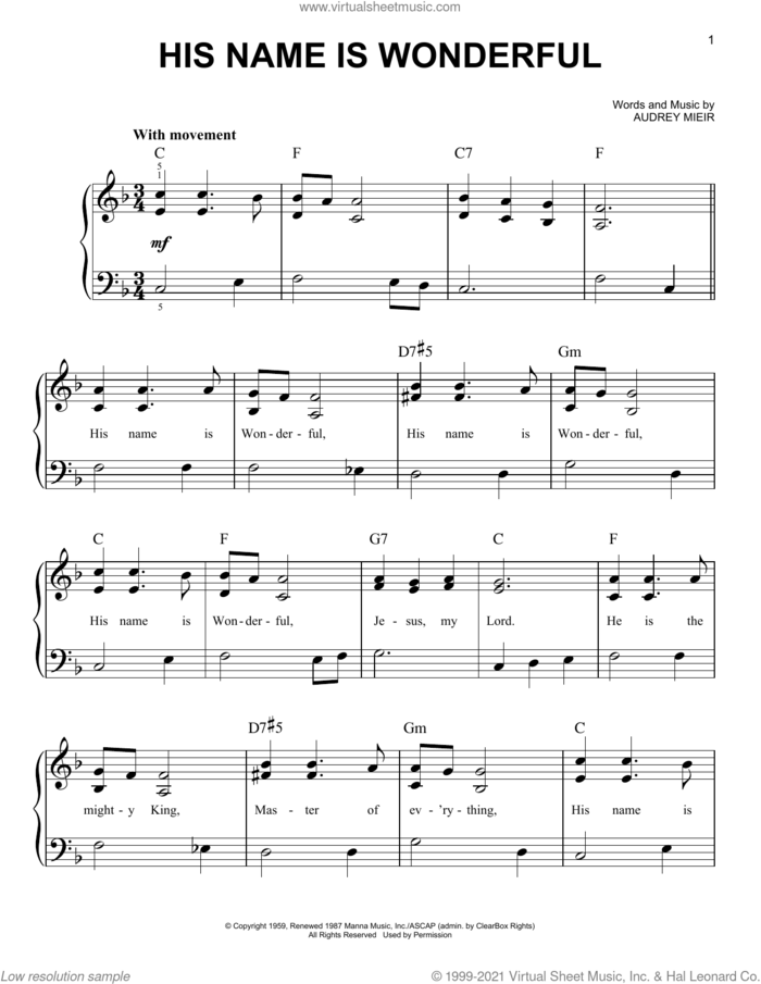 His Name Is Wonderful, (easy) sheet music for piano solo by Audrey Mieir, easy skill level