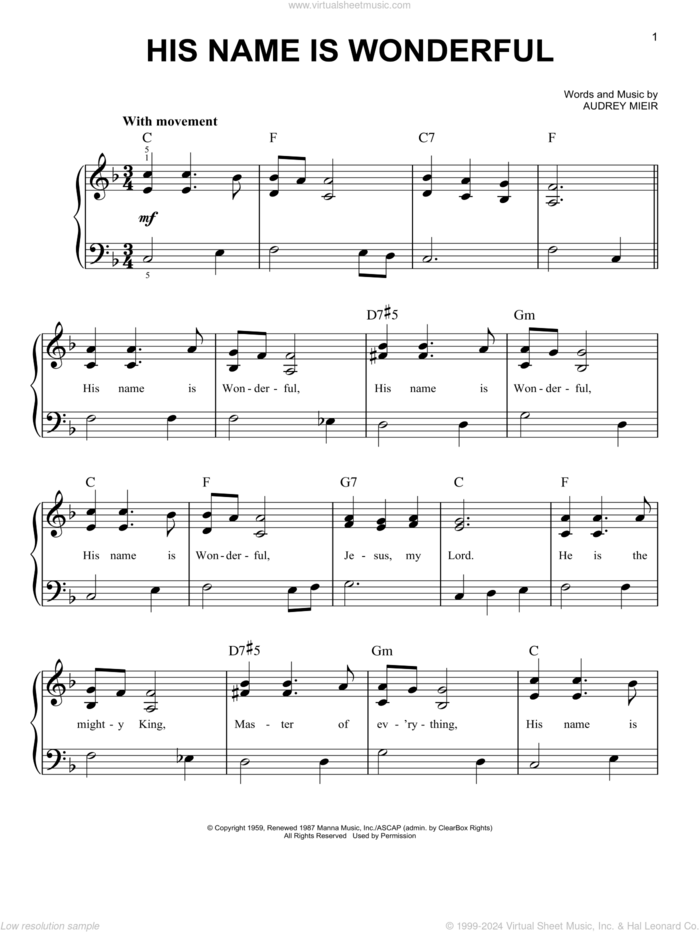 His Name Is Wonderful, (easy) sheet music for piano solo by Audrey Mieir, easy skill level