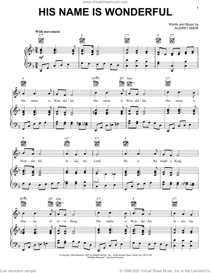 His Name Is Wonderful sheet music for voice, piano or guitar by Audrey Mieir, intermediate skill level