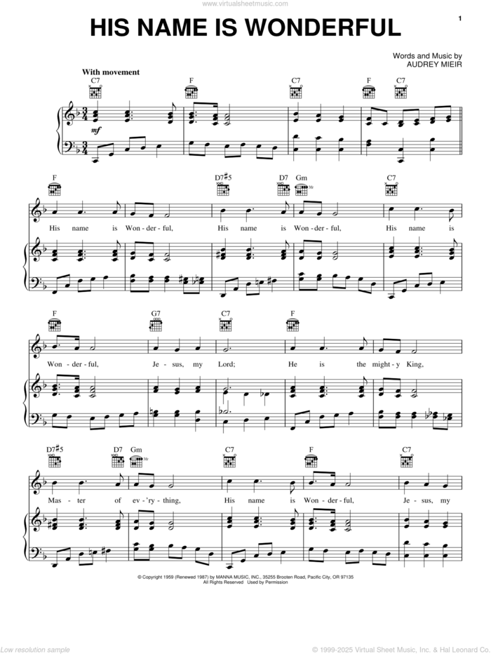 His Name Is Wonderful sheet music for voice, piano or guitar by Audrey Mieir, intermediate skill level