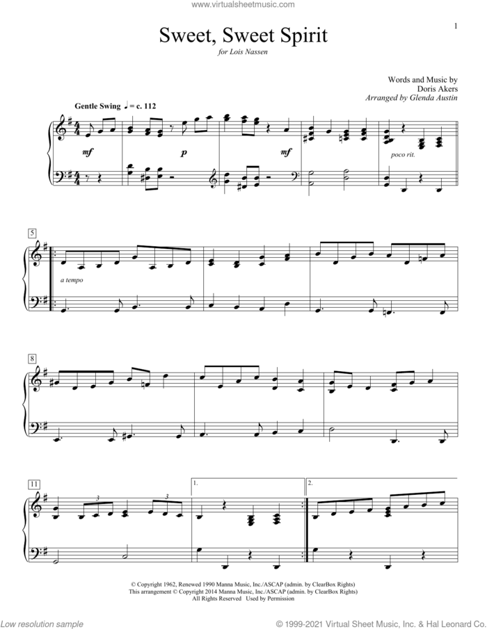 Sweet, Sweet Spirit (arr. Glenda Austin) sheet music for piano solo (elementary) by Doris Akers and Glenda Austin, beginner piano (elementary)