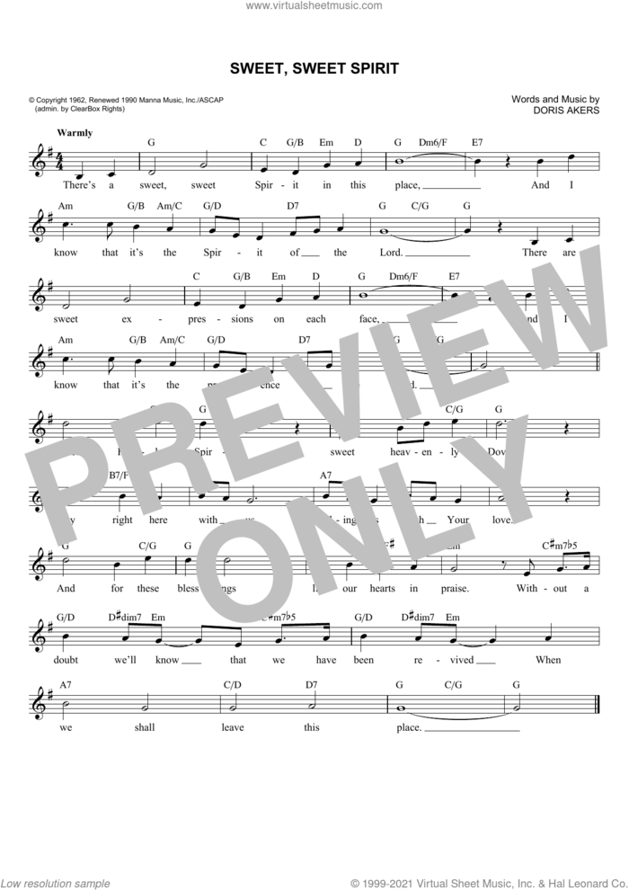 Sweet, Sweet Spirit sheet music for voice and other instruments (fake book) by Doris Akers, intermediate skill level